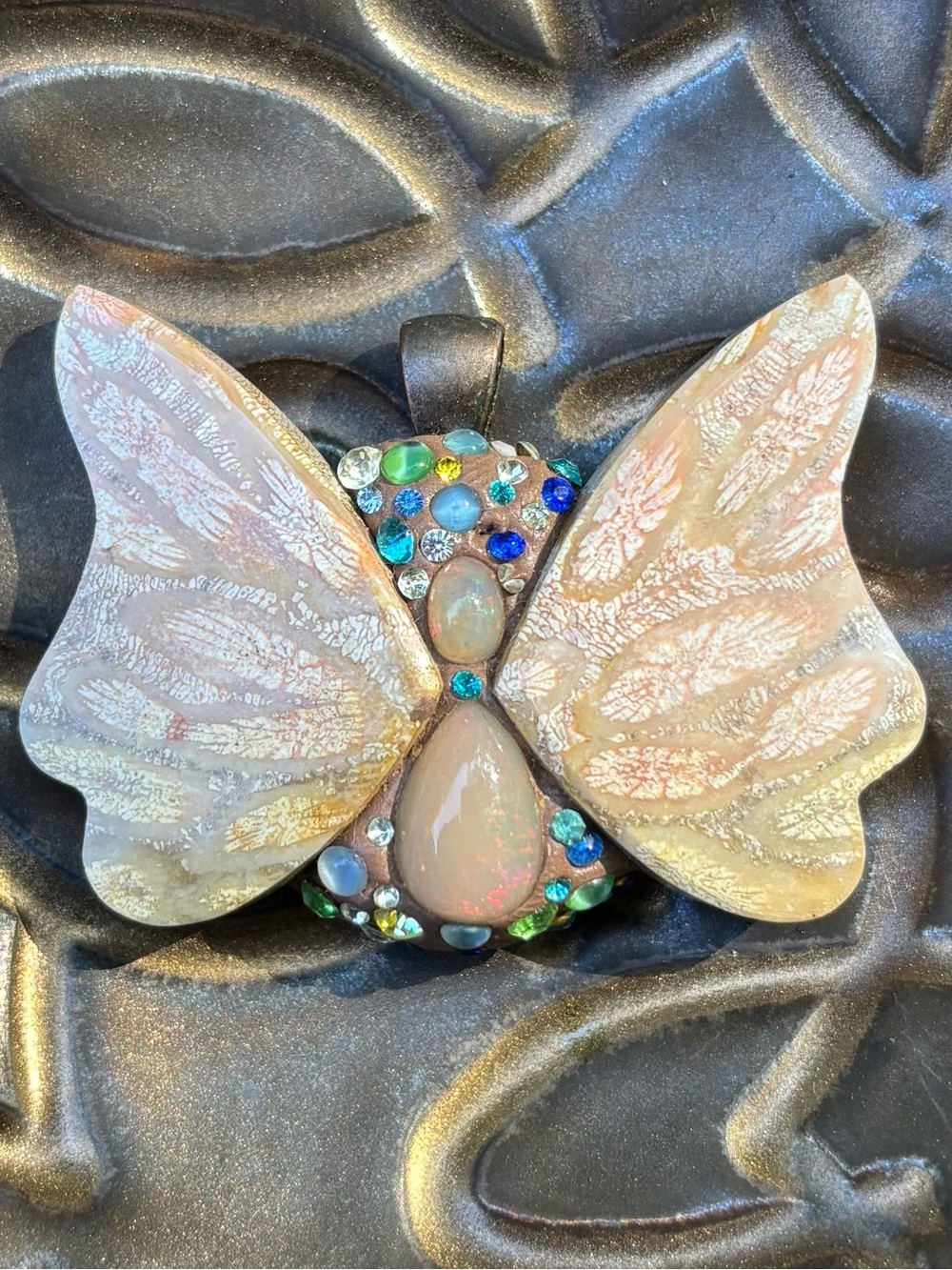 Fossilized Coral Butterfly Pendant โ OOAK Artisan Pendant with Fire Opals